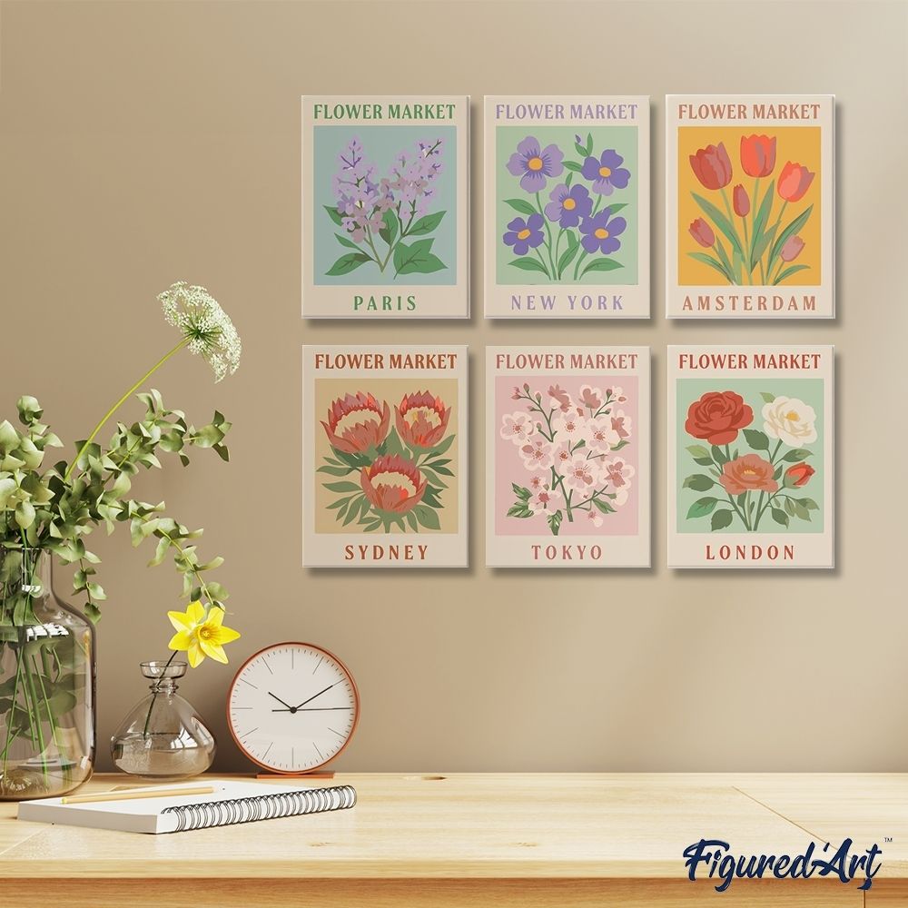 Mini Paint by numbers 15x20cm (6 pieces) - Flower Market 1 – Figured'Art
