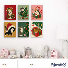 Load image into Gallery viewer, Mini Paint by numbers 15x20cm (6 pieces) - Christmas Kitten Fun