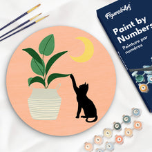 Load image into Gallery viewer, Paint by numbers on Wood Slice - Cat plays with plant in the moonlight Figured&#39;Art UK