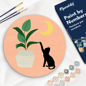 Paint by numbers on Wood Slice - Cat plays with plant in the moonlight Figured'Art UK