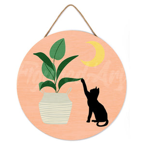 Paint by numbers on Wood Slice - Cat plays with plant in the moonlight
