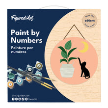 Load image into Gallery viewer, Paint by numbers on Wood Slice - Cat plays with plant in the moonlight