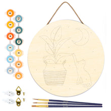 Load image into Gallery viewer, Paint by numbers on Wood Slice - Cat plays with plant in the moonlight