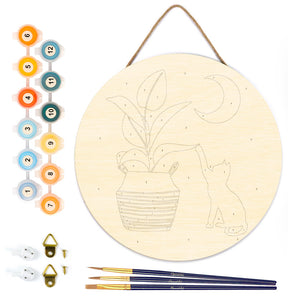 Paint by numbers on Wood Slice - Cat plays with plant in the moonlight