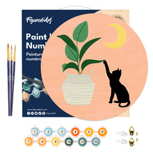 Load image into Gallery viewer, Paint by numbers on Wood Slice - Cat plays with plant in the moonlight