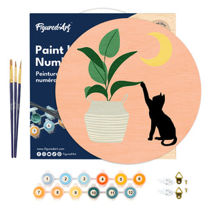 Paint by numbers on Wood Slice - Cat plays with plant in the moonlight