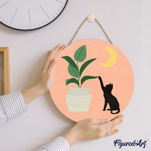 Paint by numbers on Wood Slice - Cat plays with plant in the moonlight