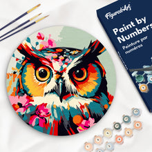 Load image into Gallery viewer, Paint by numbers on Wood Slice - Fantasy owl with flowers Figured&#39;Art UK