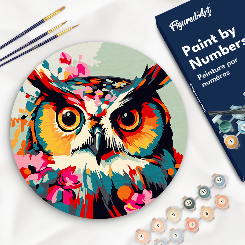 Paint by numbers on Wood Slice - Fantasy owl with flowers Figured'Art UK