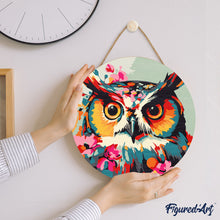 Load image into Gallery viewer, Paint by numbers on Wood Slice - Fantasy owl with flowers