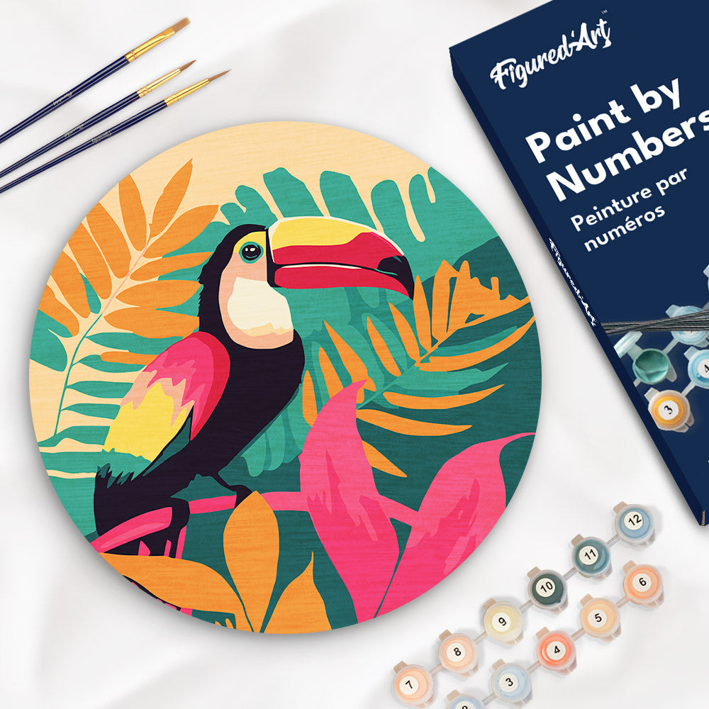Paint by numbers on Wood Slice - Tropical Toucan Figured'Art UK