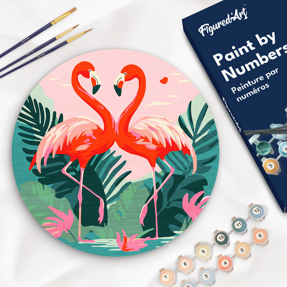 Paint by numbers on Wood Slice - Tropical Flamingos Figured'Art UK