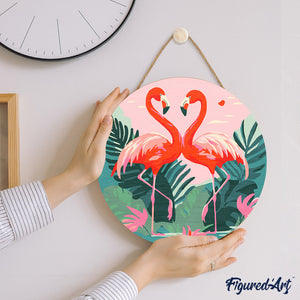 Paint by numbers on Wood Slice - Tropical Flamingos