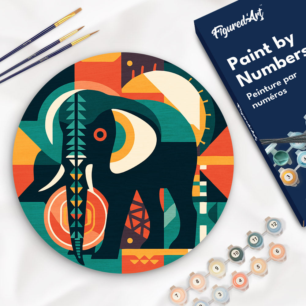 Paint by numbers on Wood Slice - Elephant Art-Deco Inspired Abstract Figured'Art UK