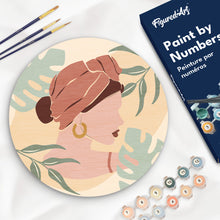 Load image into Gallery viewer, Paint by numbers on Wood Slice - Abstract Woman in Blush Red Turban Figured&#39;Art UK