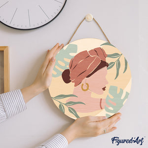 Paint by numbers on Wood Slice - Abstract Woman in Blush Red Turban