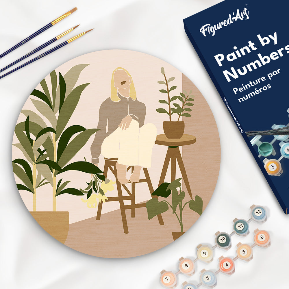 Paint by numbers on Wood Slice - Woman in the room with plants Figured'Art UK
