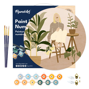 Paint by numbers on Wood Slice - Woman in the room with plants