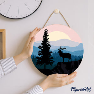 Paint by numbers on Wood Slice - A Moose on the Cliff
