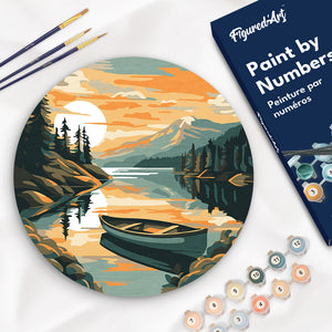 Paint by numbers on Wood Slice - Mountain Lake with Canoe Figured'Art UK