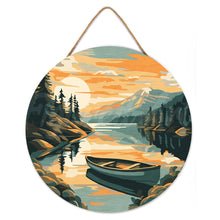 Load image into Gallery viewer, Paint by numbers on Wood Slice - Mountain Lake with Canoe