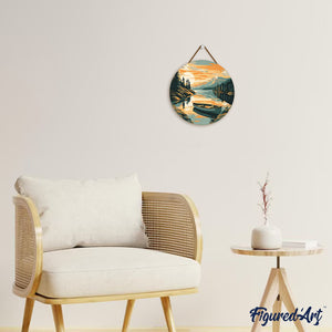 Paint by numbers on Wood Slice - Mountain Lake with Canoe