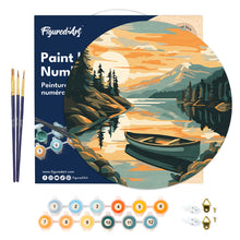 Load image into Gallery viewer, Paint by numbers on Wood Slice - Mountain Lake with Canoe