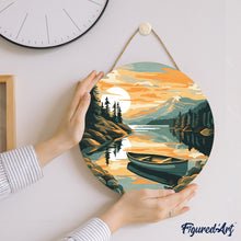 Load image into Gallery viewer, Paint by numbers on Wood Slice - Mountain Lake with Canoe