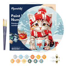 Load image into Gallery viewer, Paint by numbers on Wood Slice - Cute cat in Red Scarf