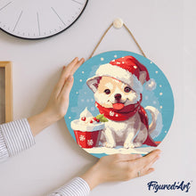 Load image into Gallery viewer, Paint by numbers on Wood Slice - Christmas Puppy