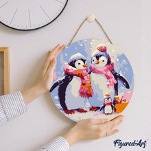 Load image into Gallery viewer, Paint by numbers on Wood Slice - Penguin Family in Snow