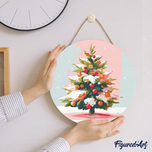 Load image into Gallery viewer, Paint by numbers on Wood Slice - Snowy Christmas Tree