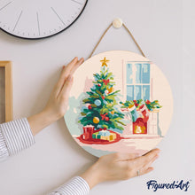 Load image into Gallery viewer, Paint by numbers on Wood Slice - Christmas Tree and Fireplace