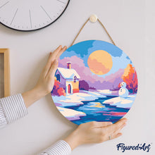 Load image into Gallery viewer, Paint by numbers on Wood Slice - Sunset Winter Scene