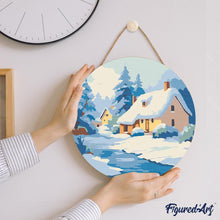 Load image into Gallery viewer, Paint by numbers on Wood Slice - Winter Cottage