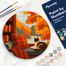 Load image into Gallery viewer, Paint by numbers kit for adults Paint by numbers on Wood Slice - Cat's Autumn View Figured'Art UK