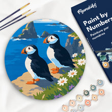 Load image into Gallery viewer, Paint by numbers kit for adults Paint by numbers on Wood Slice - Puffin by the ocean cliffs Figured'Art UK
