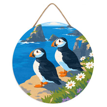 Load image into Gallery viewer, Paint by numbers on Wood Slice - Puffin by the ocean cliffs