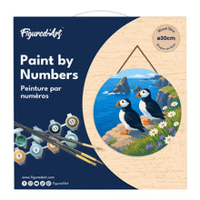 Load image into Gallery viewer, Paint by numbers on Wood Slice - Puffin by the ocean cliffs