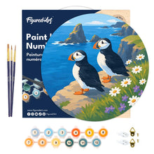 Load image into Gallery viewer, Paint by numbers on Wood Slice - Puffin by the ocean cliffs