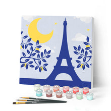 Load image into Gallery viewer, Mini Paint by numbers Blue Paris and the moon 20x20cm already framed