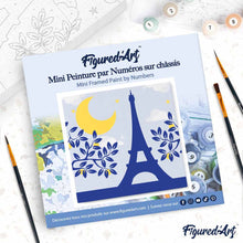 Load image into Gallery viewer, Mini Paint by numbers Blue Paris and the moon 20x20cm already framed
