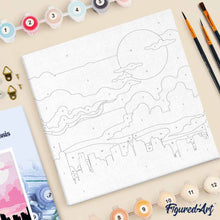 Load image into Gallery viewer, Mini Paint by numbers City Skyline under Pink Sky 20x20cm already framed