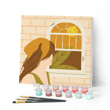 Load image into Gallery viewer, Mini Paint by numbers Girl looking out window 20x20cm already framed