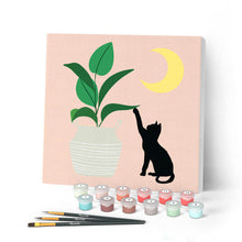 Load image into Gallery viewer, Mini Paint by numbers Cat plays with plant in the moonlight 20x20cm already framed