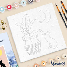 Load image into Gallery viewer, Mini Paint by numbers Cat plays with plant in the moonlight 20x20cm already framed