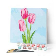 Load image into Gallery viewer, Mini Paint by numbers Pink Tulips and Blue Sky 20x20cm already framed