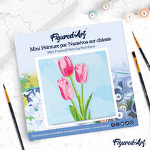 Load image into Gallery viewer, Mini Paint by numbers Pink Tulips and Blue Sky 20x20cm already framed