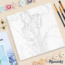 Load image into Gallery viewer, Mini Paint by numbers Pink Tulips and Blue Sky 20x20cm already framed