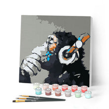 Load image into Gallery viewer, Mini Paint by numbers Monkey wearing headphones 20x20cm already framed